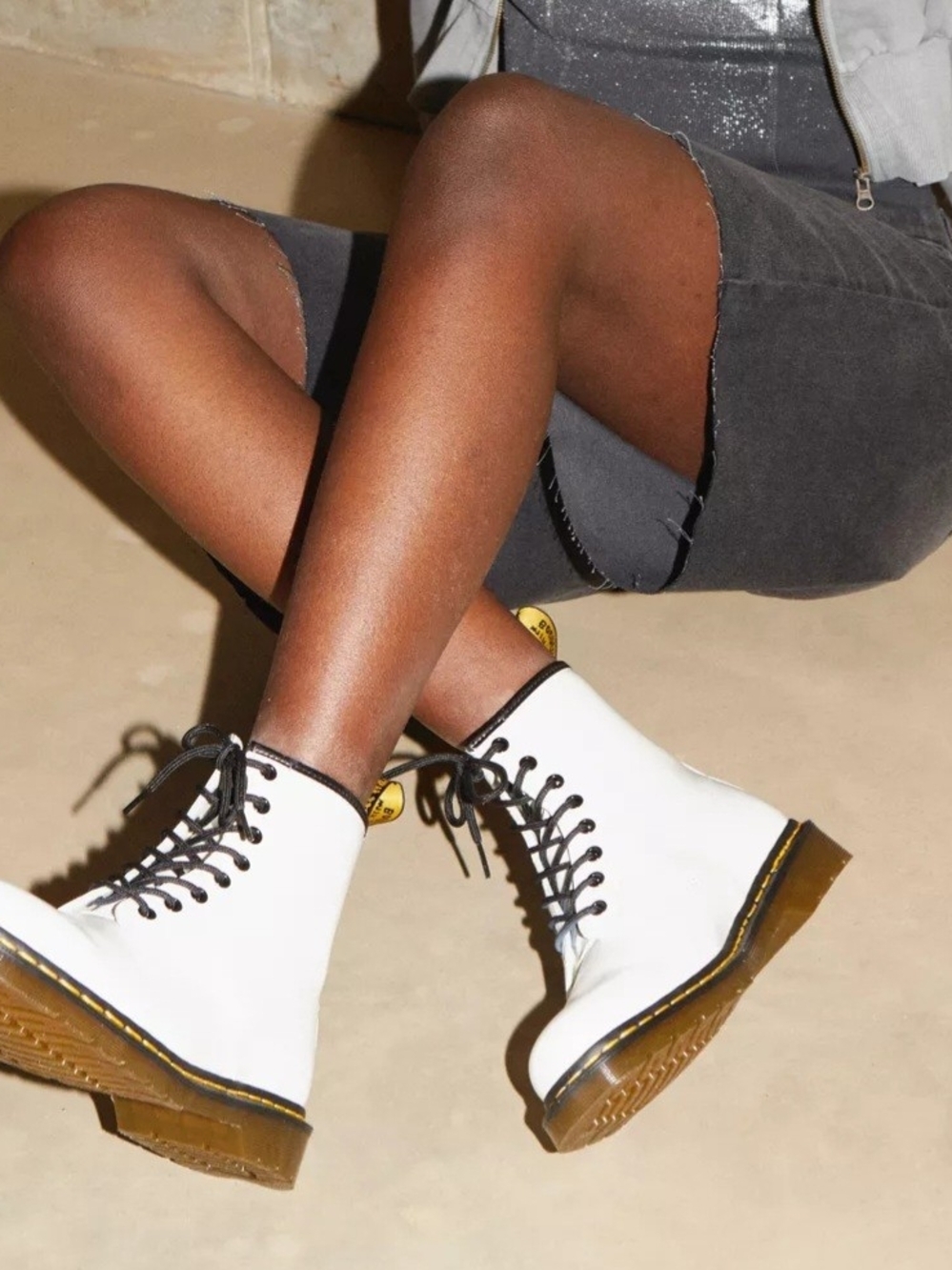 Dr. Martens White Lace-Up Leather Combat Boots with Black Trim